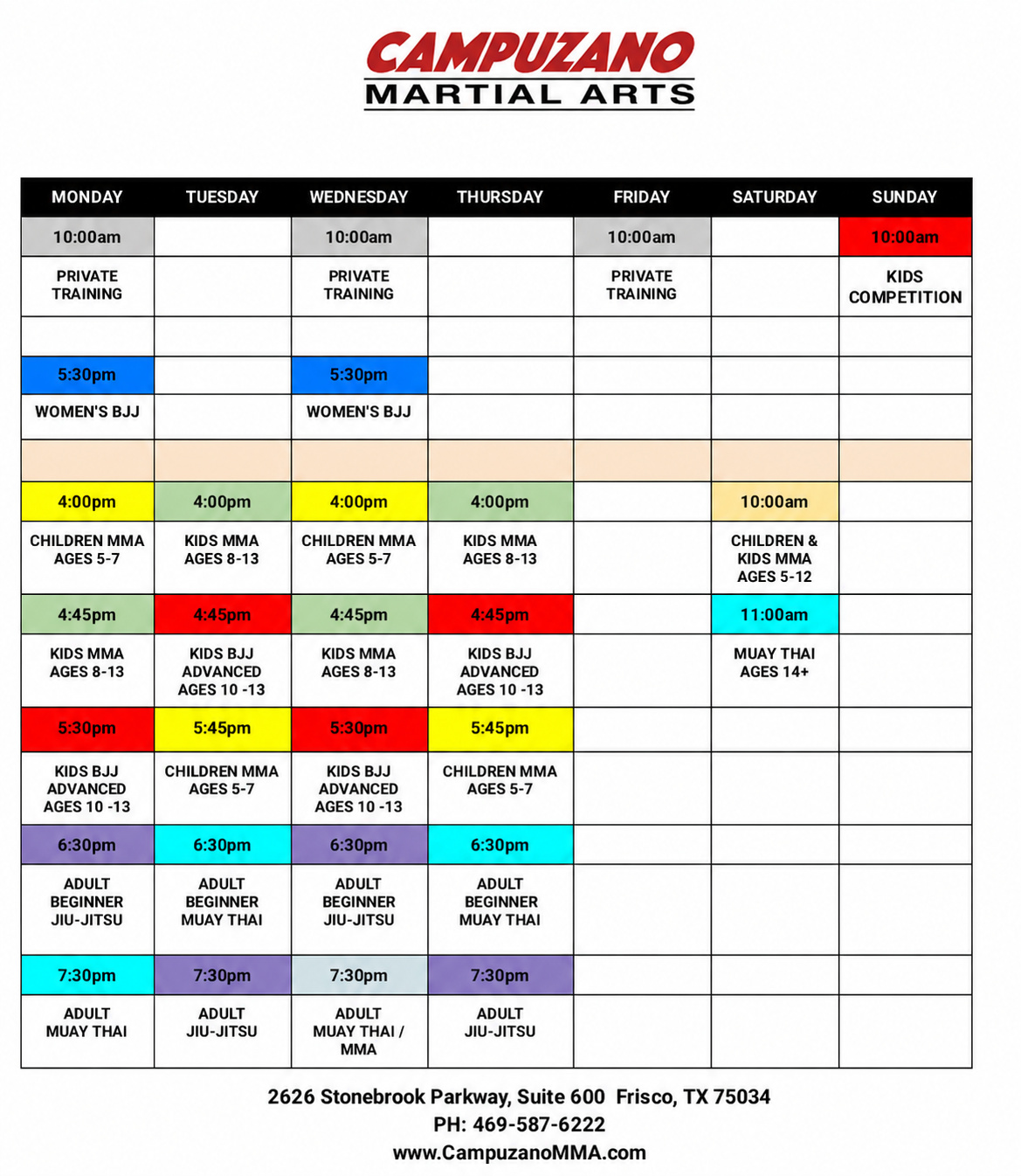 Campuzano Martial Arts weekly class schedule. Women's BJJ is Monday and Wednesday at 5:30 PM.