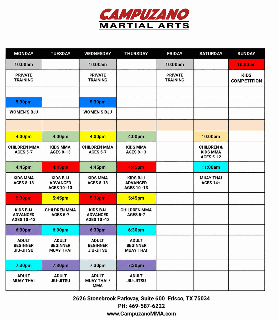 Campuzano Martial Arts weekly class schedule including Women's BJJ on Monday and Wednesday at 5:30 PM